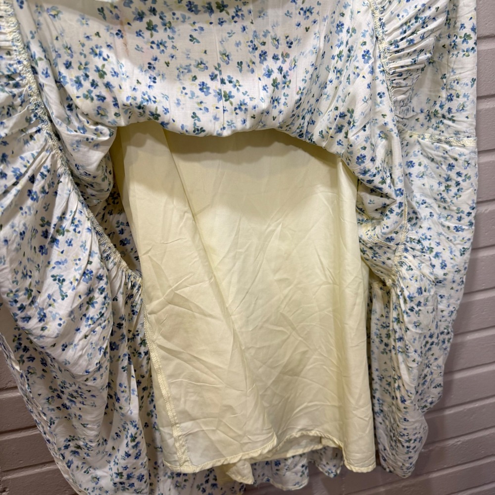 AQUA Yellow Blue Floral Tiered Mini Dress Ruffle Tie Neck Sleeveless Small Flaw - Picture 8 of 14